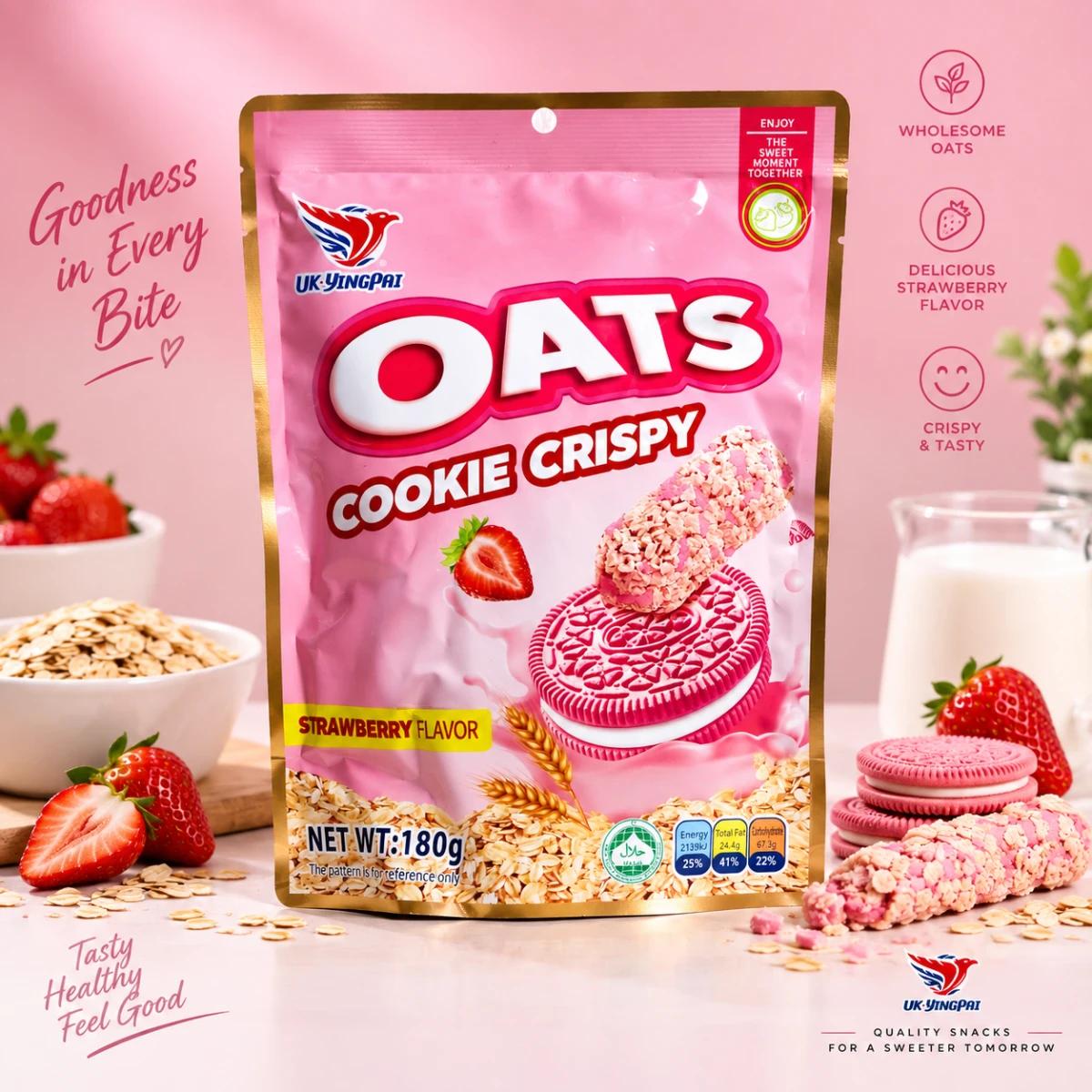 UK.YINGPAI Oats Cookie Crispy Strawberry Flavor 180g