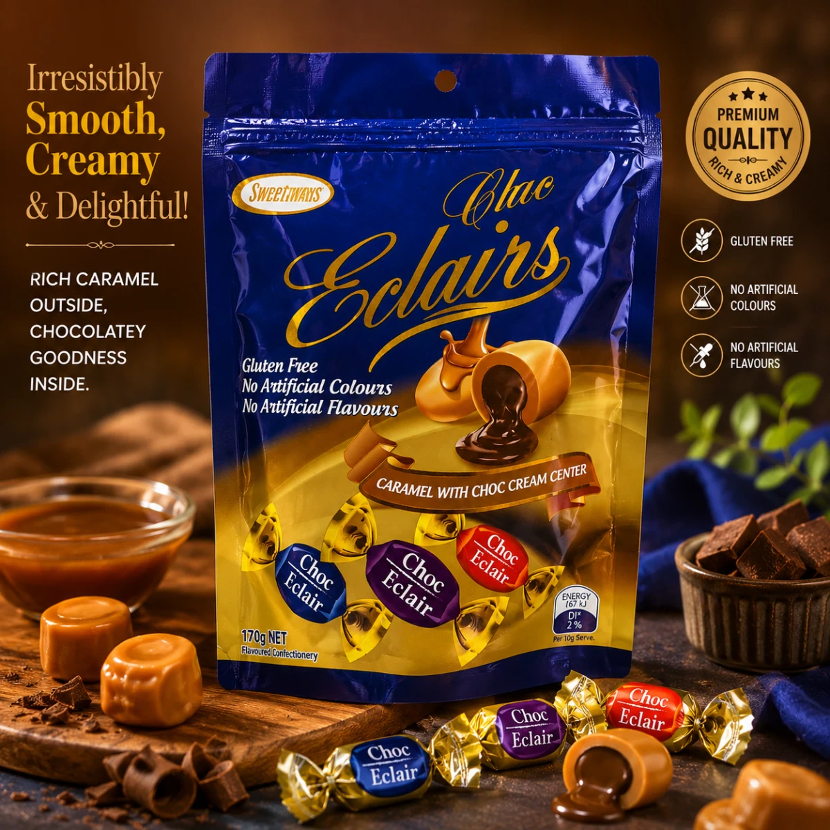 Sweetmans Choc Eclairs Caramel Chocolate Candy – 170g