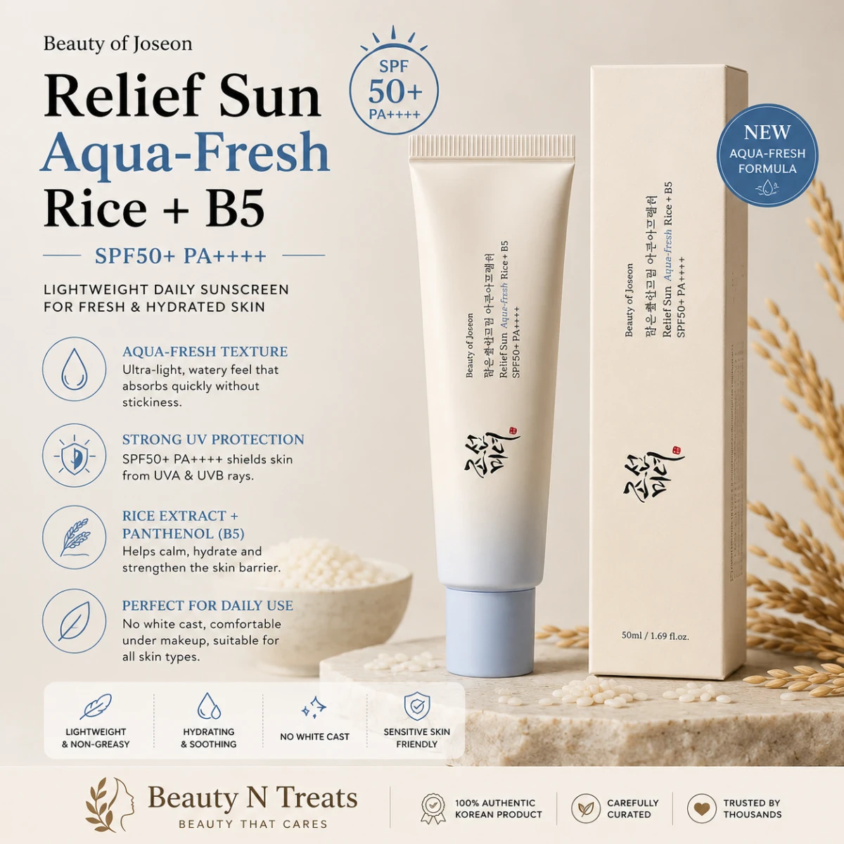 Beauty of Joseon Relief Sun Aqua-Fresh Rice + B5 SPF50+ PA++++ Sunscreen – 50ml