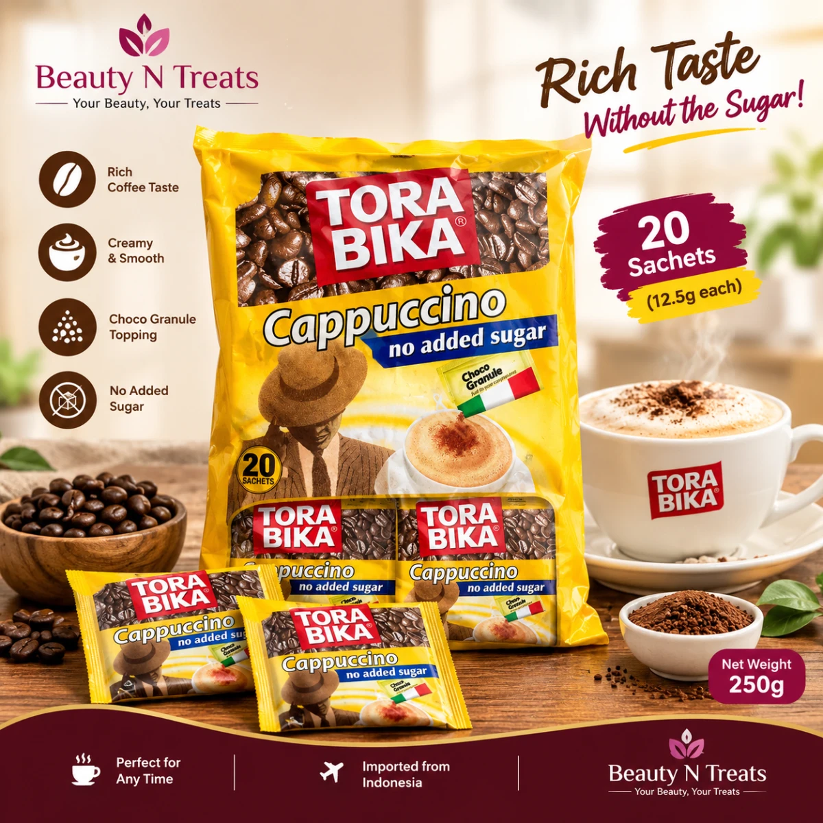 Tora Bika Cappuccino No Added Sugar 250g - 20 Sachets