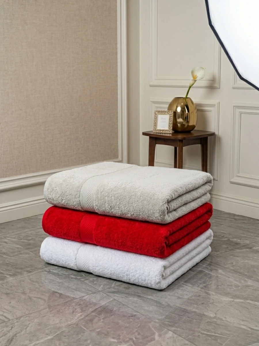 3 PCS combo 27 by 54 inch Soft & Absorbent red,ash,white export  quality pure Cotton Bath Towel