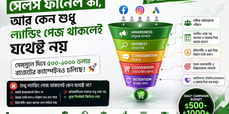 সেলস ফানেল কী, আর কেন শুধু ল্যান্ডিং পেজ থাকলেই যথেষ্ট না — সেলসুলে দিনে ৫০০-১০০০ ডলার বাজেটের ক্যাম্পেইনও চলছে