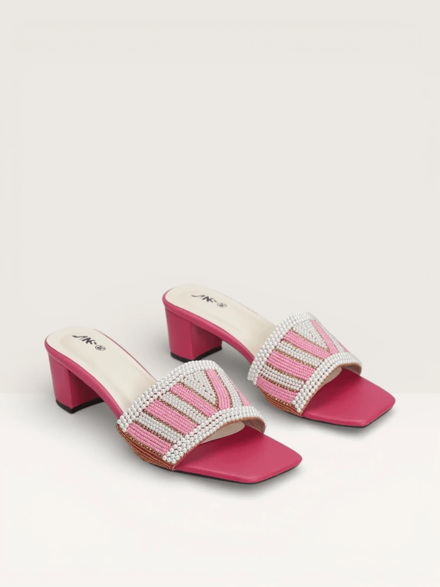 Women's Colorful Beaded Mules with Block Heel" - Nawabi Shoes BD