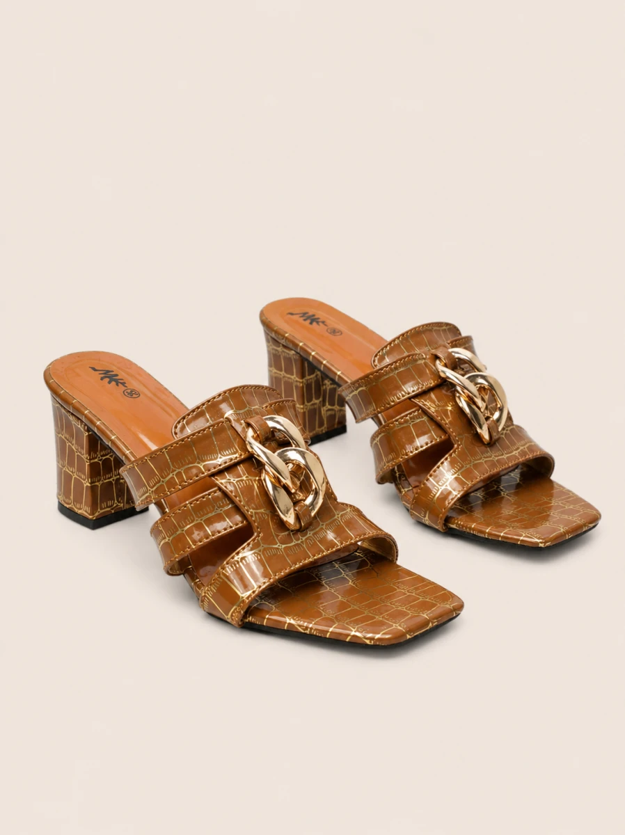 Women's Premium Croc Texture Block Heel Sandals with Gold Chain | Elegant Ladies Heel Shoes Bangladesh