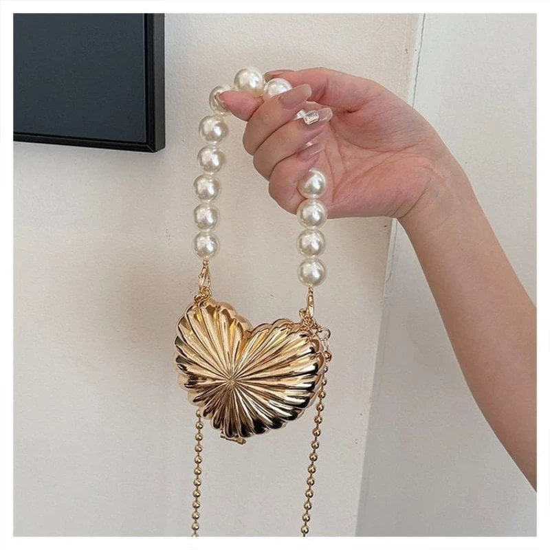Heart Shape Pearl Handle Mini Clutch Bag