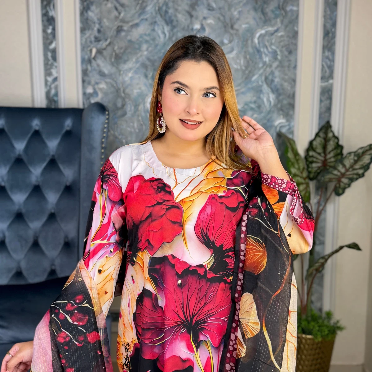 Stitched Three piece ( Redfull- VIP Dubai Silk)