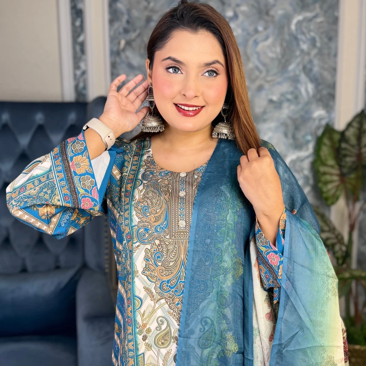 Stitched Three piece ( Sky-blue- VIP Dubai Silk)