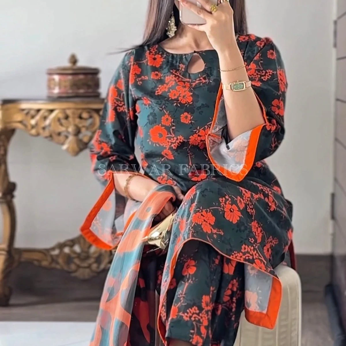 Dark Sage Green Floral Printed Dress ( VIP Micro-Silk)