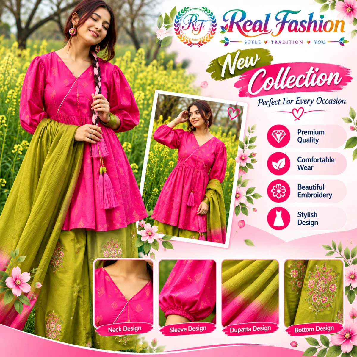 Elegant Pink & Olive Green Embroidered 3-Piece