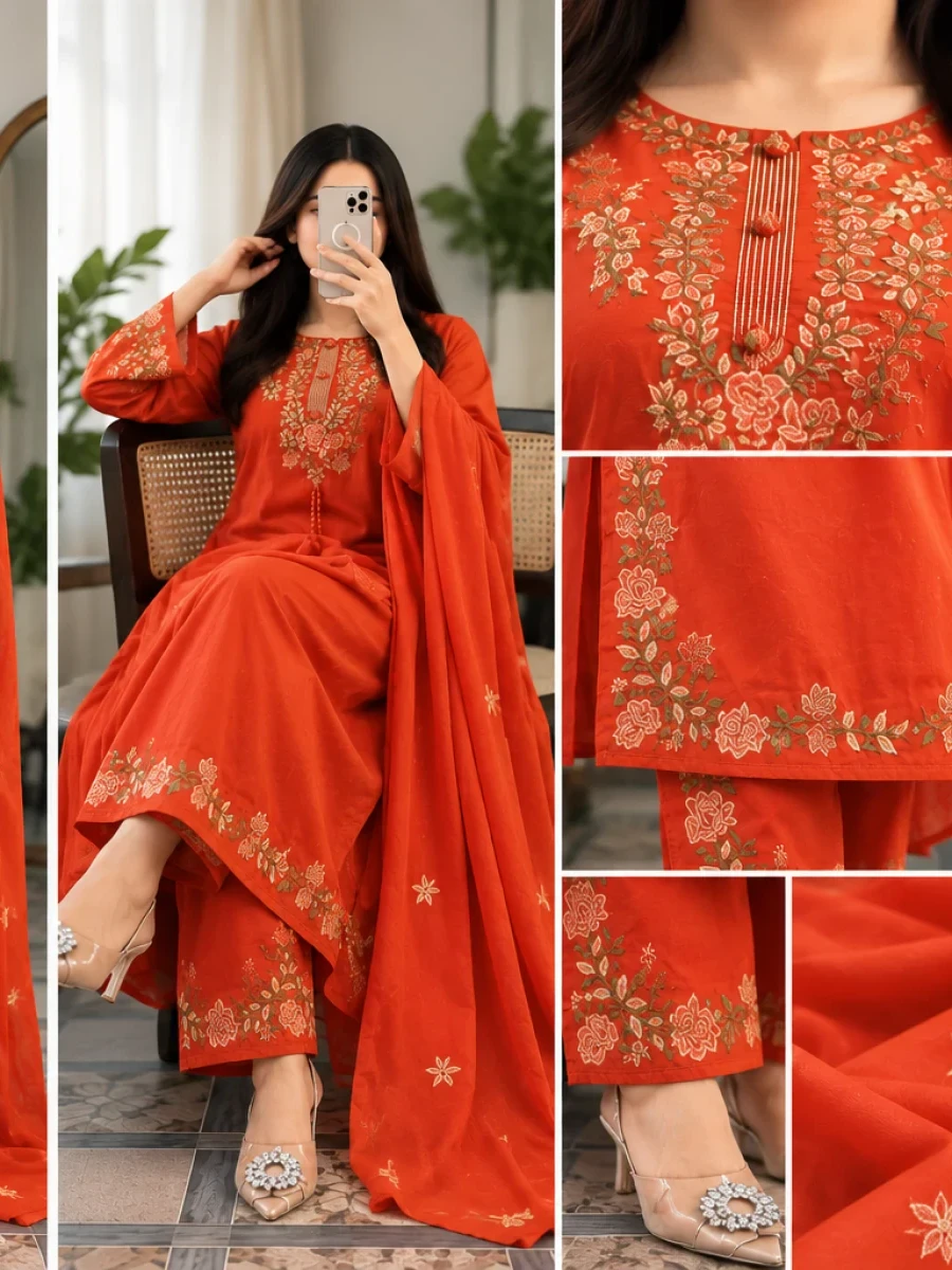 🌸 Premium Cotton Embroidery Three Piece 🤍 💥 100% Pure Cotton Fabric 💥