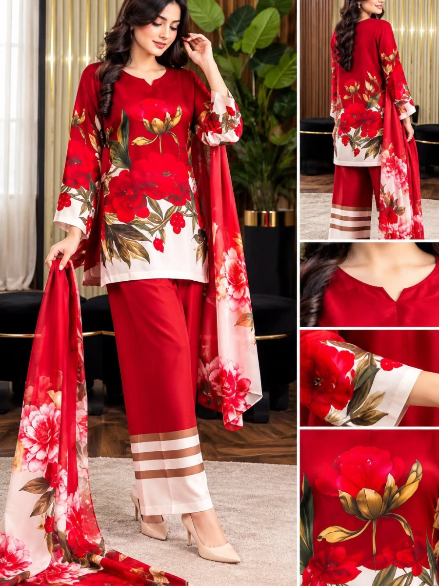 🌸 Red Floral Printed Three Piece (VIP Micro-Silk) 🤍